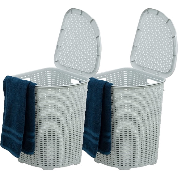 Plastic Corner Laundry Hamper with Lid, Curved Designed Laundry Basket, 2 Pack White Smoke Cloths Hamper Organizer with Cut-out Handles for Laundry Room Bedroom Bathroom, Wicker Design, 50 Liter