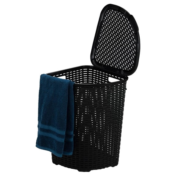 Plastic Corner Laundry Hamper with Lid, Curved Designed Laundry Basket, Triangle Black Cloths Hamper Organizer with Cut-out Handles for Laundry Room Bedroom Bathroom, Wicker Design, 50 Liter
