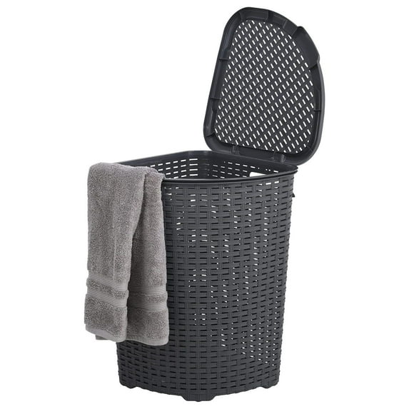 Plastic Corner Laundry Hamper with Lid, Curved Designed Laundry Basket, Triangle Grey Cloths Hamper Organizer with Cut-out Handles for Laundry Room Bedroom Bathroom, Wicker Design, 50 Liter
