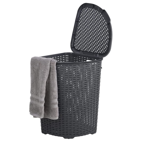 Plastic Corner Laundry Hamper with Lid, Curved Designed Laundry Basket, Triangle Grey Cloths Hamper Organizer with Cut-out Handles for Laundry Room Bedroom Bathroom, Wicker Design, 50 Liter