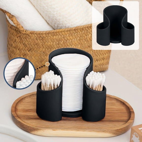 Plastic Cotton Pad Dispenser, Cotton Pad QTips Holder, Bathroom Cups Dental Floss Dispenser Storage Organizer, Vanity Makeup Organizer(Black, 1pcs)