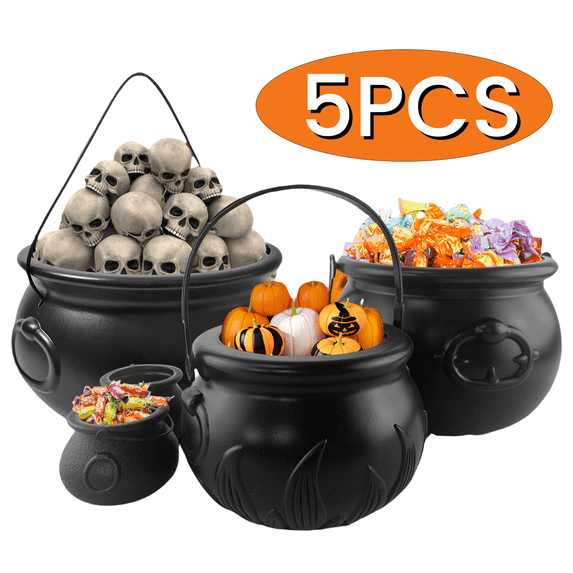 Plastic Couldron for Halloween Decoraiton St.Patrick Black Fake Witch Cauldron Pots Spooky Trick or Treat Witches Cauldrons 5Pcs