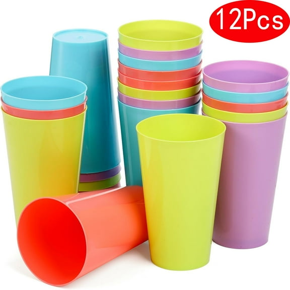 Plastic Cup for Kids Reusable 12 Pcs, Colorful Kids Drinking Cups, Stackable Plastic Tumblers, Unbreakable Glass for Kids, Party Supplies, Dishwasher Safe , 9oz, by Tutuviw