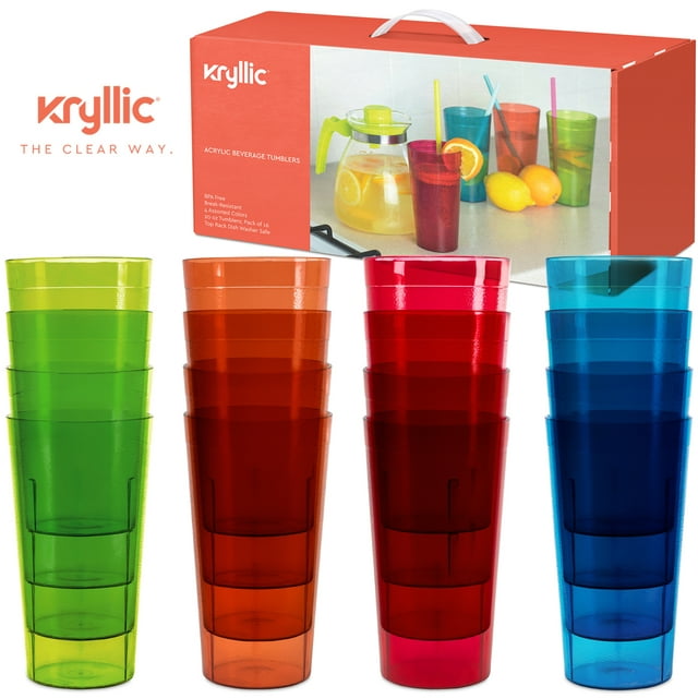 Plastic Cup Tumblers Drinkware Glasses - Break Resistant 20 oz. Kitchen Restaurant High Quality Set of 16 in 4 Assorted Colors - Best Gift Idea By Kryllic