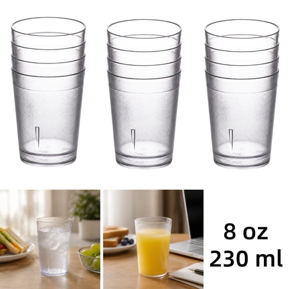 12 Pack 8 oz Clear Plastic Cup, Reusable Restaurant Drinking Glasses, Stackable Frosted Drink Tumblers Bulk for Party Supplies, Kitchen, Shatterproof