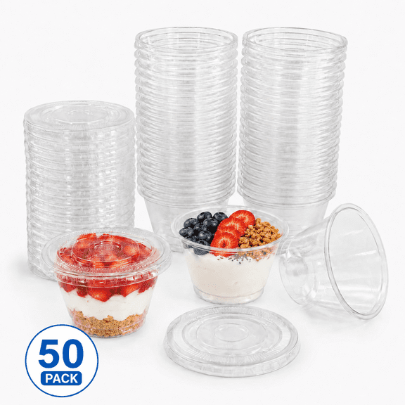 Plastic Cups with Lids 9oz Disposable Cups with Flat Lids No Hole Small Containers for Ice Cream, Pudding, Cake, Snacks, Smoothie, Cold Drinks, 50Pack