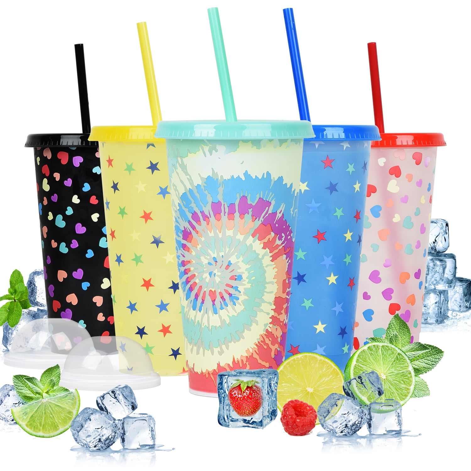 ODOSOLA Plastic Cups with Lids and Straws, 6 Pack 24oz Color Changing Cups, Reusable Cups with Lids and Straws Bulk for Adults Kid Women Party, Cute