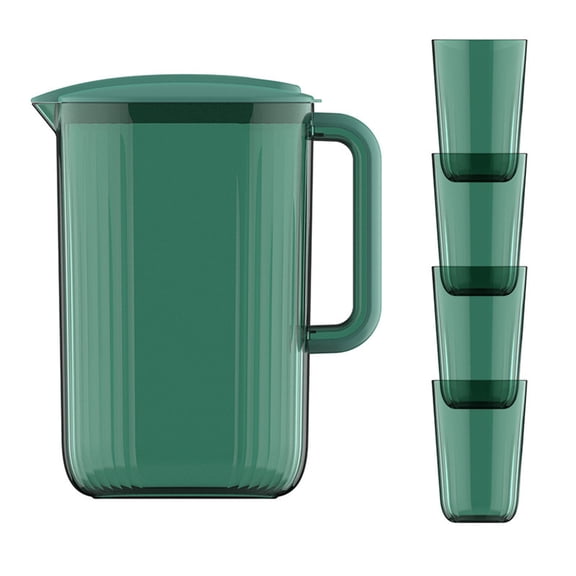 Plastic Cups with Lids and Pitcher Set - 2 L Iced Tea Pitcher with 4 Nesting Drinking Glasses for Home and Kitchen