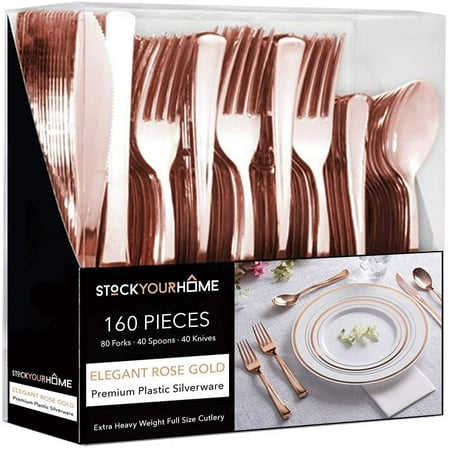Plastic Cutlery Heavy Duty - 160 Piece Rose Gold Plastic Silverware - Rose Gold Plastic Utensils - Pink Plastic Cutlery â 80 Plastic Forks, 40 Plastic Spoons, 40 Plastic Knives