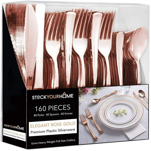 Plastic Cutlery Heavy Duty - 160 Piece Rose Gold Plastic Silverware - Rose Gold Plastic Utensils - Pink Plastic Cutlery â 80 Plastic Forks, 40 Plastic Spoons, 40 Plastic Knives