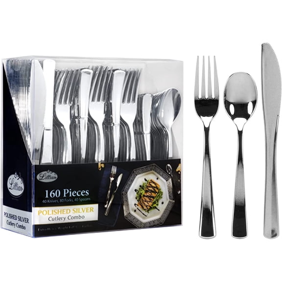 Plastic Cutlery Silverware Extra Heavyweight Disposable Flatware, Full Size Cutlery Combo, Polished Silver, 80 Forks, 40 Spoons, 40 Knifes, Value Pack 160 Count