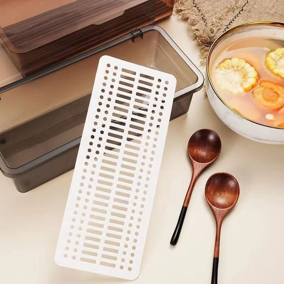 Plastic Cutlery Tray with Lid for Countertop, Silverware Organizer with Built-In Drain Board, Dustproof Storage for Forks, Spoons, and Knives, Compact for RV, Dorm, or Camping, Brown, By Harlik