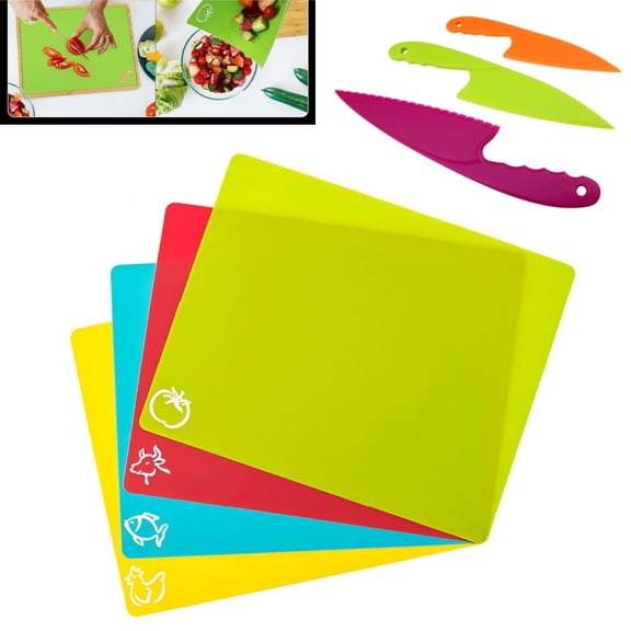 Plastic Cutting Boards Set,Reusable Flexible Cutting Boards,4Pcs Portable Non Slip Mats,Kitchen Cooking Mats for Meat and Vegetables,Include 3pcs Plastic Knife