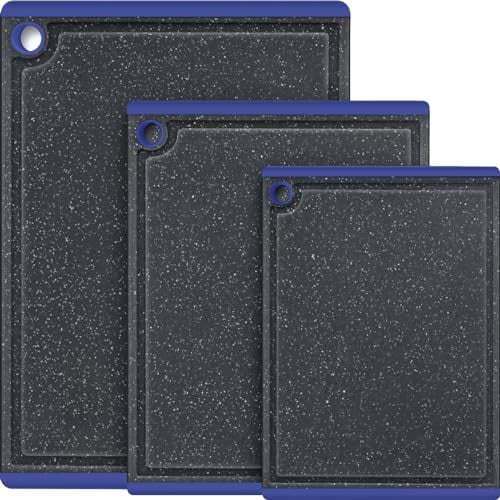 Plastic Cutting Boards for Kitchen, 3-Piece Large Cutting Board Set Dishwasher Safe Chopping Boards with Non-slip Feet and Juice Grooves, Blue