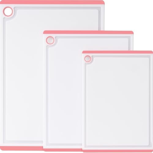 Plastic Cutting Boards for Kitchen, 3-Piece Large Cutting Board Set Dishwasher Safe Chopping Boards with Non-slip Feet and Juice Grooves, Pink