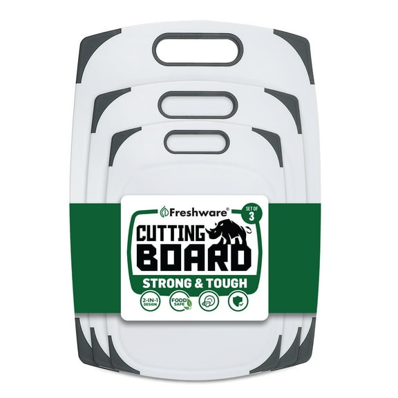 Plastic Cutting Boards for Kitchen, Cutting Board Set of 3, Juice Grooves with Easy Grip Handle, BPA-Free, Non-Porous, Dishwasher Safe, White