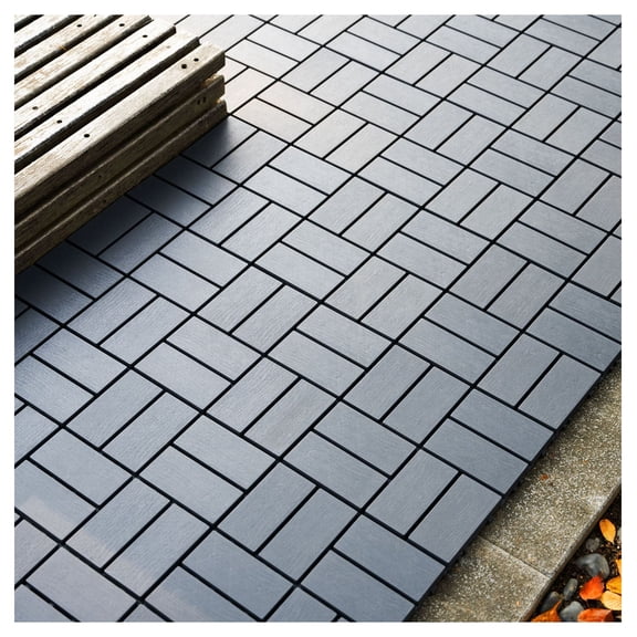 Plastic Deck Tiles 12x12, 44 Pack Outdoor Interlocking Patio Tiles, Waterproof Square Flooring for Balcony, Backyard, Poolside - Grey