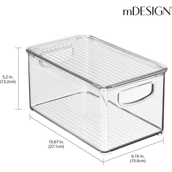 Plastic Deep Storage Bin Box Container with Lid and Built-In Handles - Organization for Fruit, Snacks, or Food in Kitchen Pantry, Cabinet, or Cupboard, Ligne Collection, 4 Pack, Clear