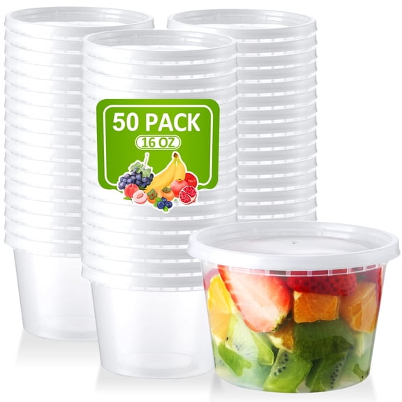 Plastic Deli Containers with Lids, 50 Sets 16oz Leakproof Soup Storage Containers for Restaurant, Round Takeout Deli Cups for Food Slime Meal Prep Leftover, BPA Free, Microwave/Freezer Safe