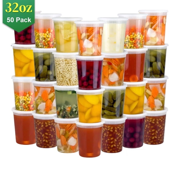 Plastic Deli Containers with Lids, 50 Sets 32oz Leakproof Soup Storage Containers for Restaurant, Round Takeout Deli Cups for Food Slime Meal Prep Leftover, BPA Free, Microwave/Freezer Safe