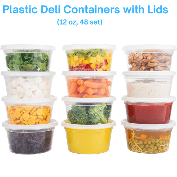 Clear Plastic Airtight Candy Food Storage Containers with Lids, Deli Soup Containers (12OZ, 48 SETS)