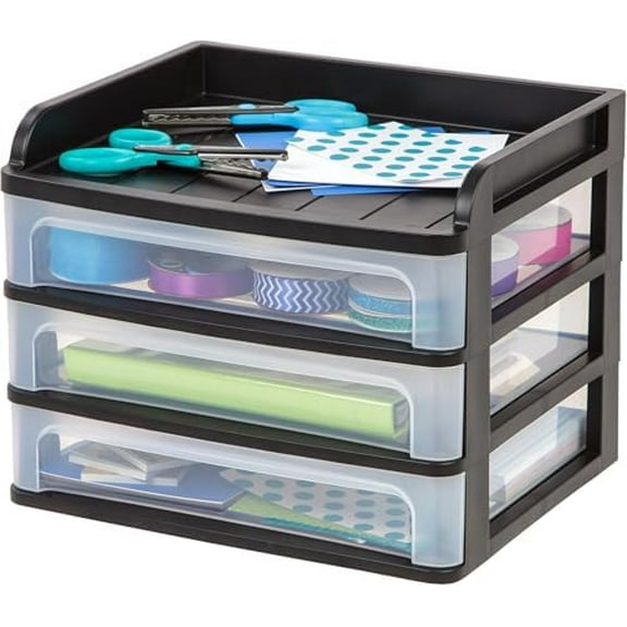Plastic Desk Top 3-Drawer Storage Organizer with Paper Tray Top, 1-Pack, for Makeup Vanity Nail Polish Bathroom Stationery Art Craft Supplies Kitchen Office Garage Organization, Medium, Black