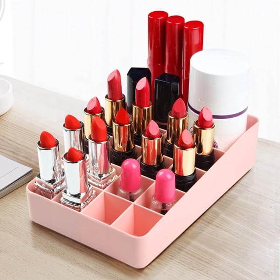 Plastic Desktop Lipstick Organizer, Cosmetics Storage Container, Rack Reusable 15 Compartments for Home Office Tabletop Portable Holder, Pink