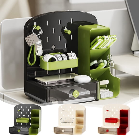 Plastic Desktop Organizer Rack | Compact Multi-Compartment Storage | Drawer, Pegboard Hooks, Open Zones | Durable & Easy Clean | 25.5x25.3x15.2cm | White/Red/Green | 1 Pack