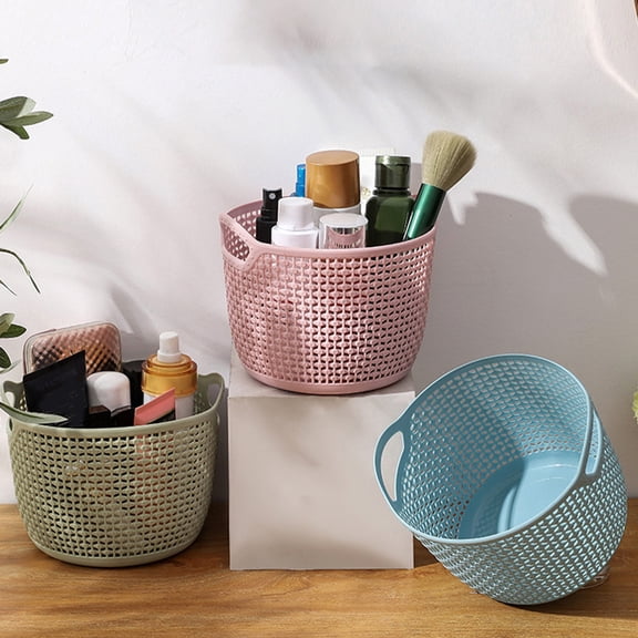 Plastic Desktop Storage Basket Imitation Rattan Organizer • Indoor Countertop Storage Bin • Toiletries, Office, Kitchen, Bathroom, Versatile Home Use