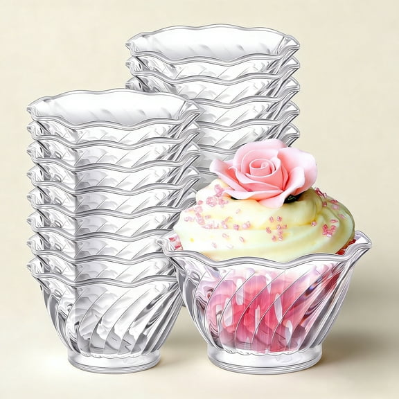 Plastic Dessert Cups Clear Ice Cream Sundae Tasting Bowls, Mini Round Swirl Tulip Shape Party Buffet Serving Cups for Yogurt Salad Appetizer Chocolate Fruit