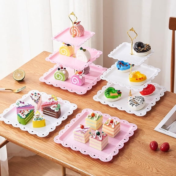Plastic Dessert Stand Three-tier Square Snack Tray, European-style Fruit and Candy Dish for Coffee Table, Portable Party Serving Platter with Metal Handle, Topliu