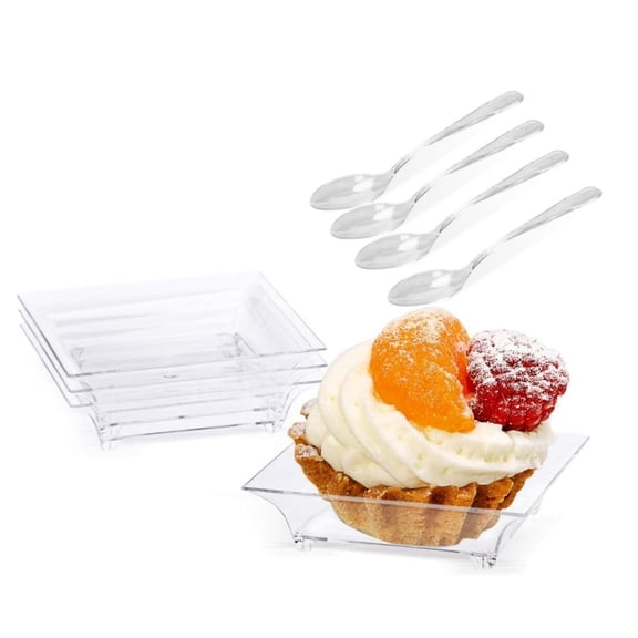 Plastic Dessert Trays Mini Dessert Plates with Tasting Spoons Serving Trays for Party Square Ice cream Plates for Trifle, Cheesecake