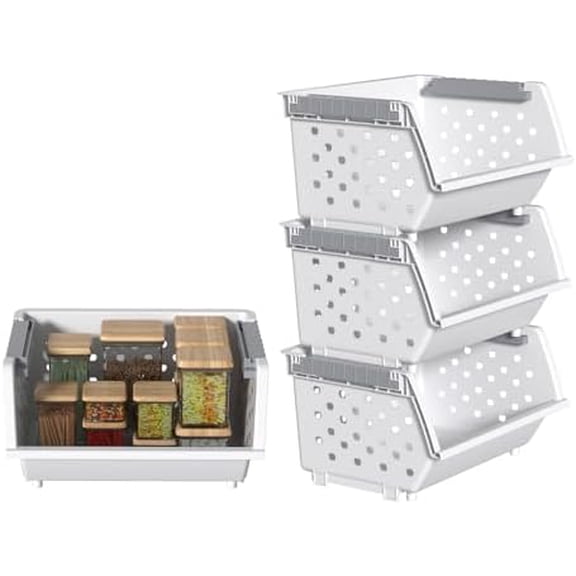 Plastic Detachable Storage Stacking Basket, Stacking Open Front Storage Bins, White Set of 4$$Home Decor, Kitchen, & Other