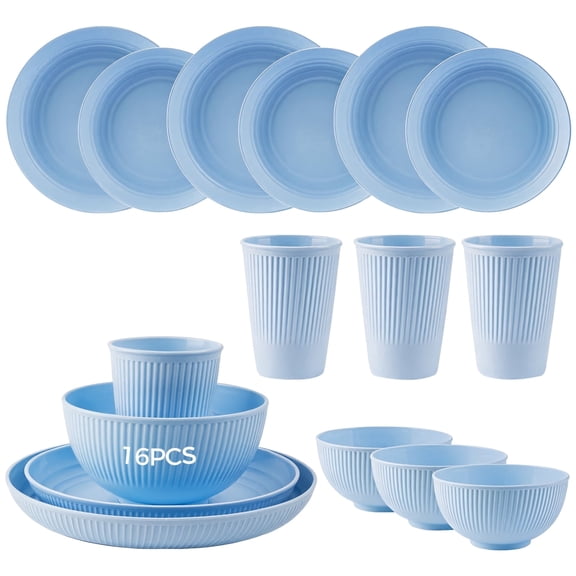 16 Pcs Nordic Blue Plastic Dinnerware Set - Reusable Plates, Bowls & Cups, BPA-Free, Microwave & Dishwasher Safe for Family, Outdoor & Dorm