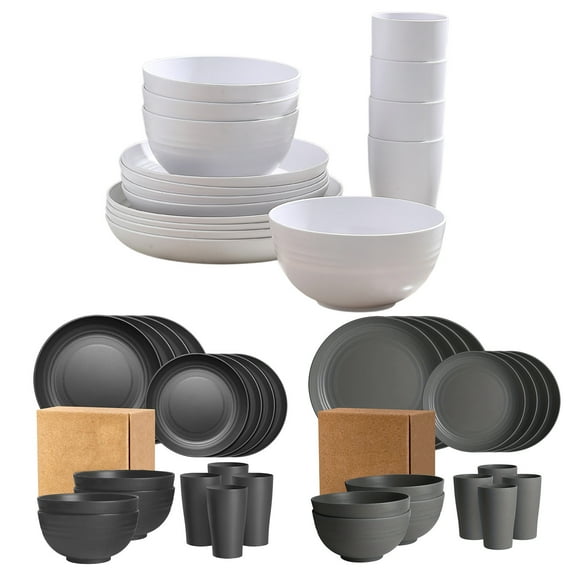Plastic Dinnerware Set | 16 Piece Solid Color Tableware | Drop Resistant Plates Bowls Cups | Lightweight Modern Household Dishes | Dishwasher Safe | White Gray