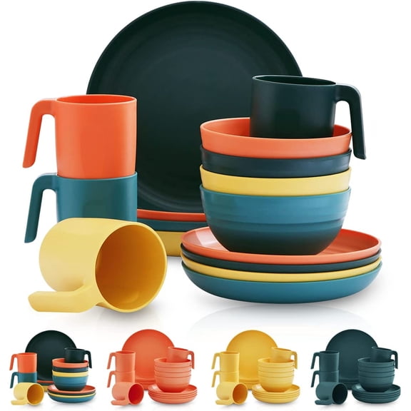 Plastic Dinnerware Set of 16 Pieces, Unbreakable And Reusable Light Weight Plates Mugs Bowls Dishes Easy to Carry And Clean Microwave Safe BPA Free Dishwasher Safe Service For 4 (Mutil Color)