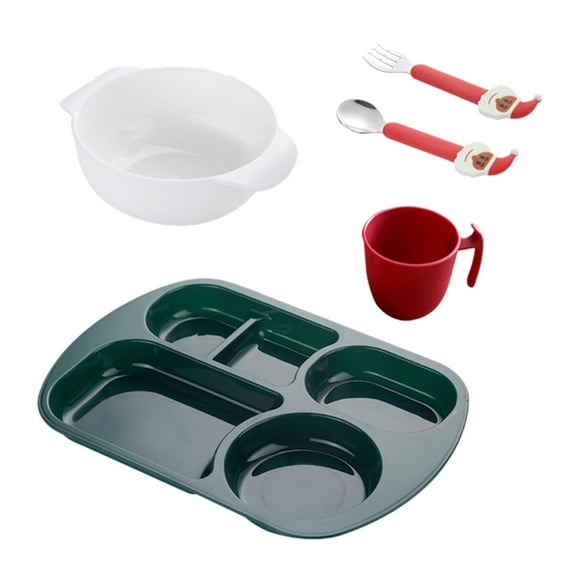Plastic Dinnerware Set, Children's Dinner Bowl Set, Fall-Proof Fast Food Dinnerware with Water Cup Spoon Fork Five Pieces, Green Durable Lightweight BPA-Free Tableware for Kids