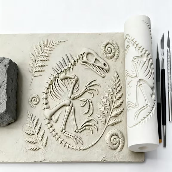 Plastic Dinosaur Fossil Textured Roller - DIY handmade ceramic stamping tool for vases, coasters, plate decorations