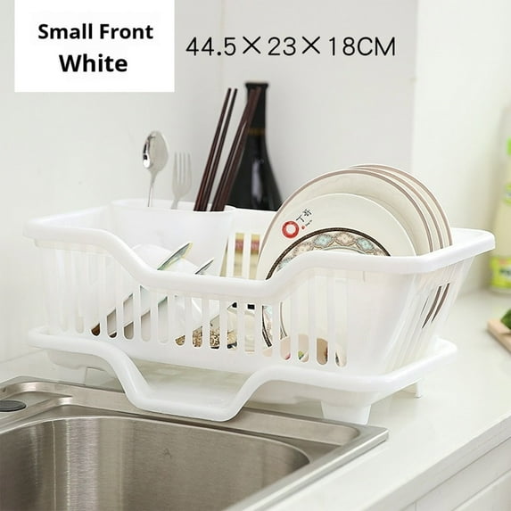 Plastic Dish Drying Rack Dish Draining Rack with Drainboard Kitchen Tableware Drying Basket with Cutlery Holder for Kitchen Counter, White