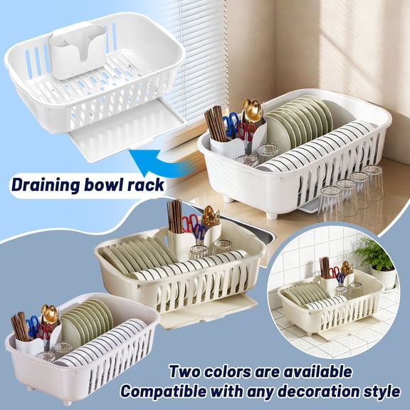 Plastic Dish Drying Rack, Dish Drying Rack for Kitchen Counter Drainer with Drainboard Large Capacity Dish Rack Organizer Utensil Holder Plate Bowl Storage Basket Countertop Draining, Beige, 1Pcs