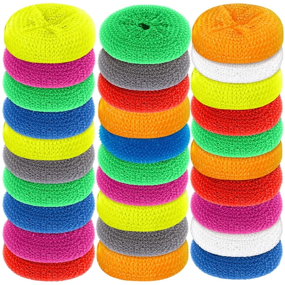 Plastic Dish Scrubbers for Dishes Pot Round Nylon Pad, Mesh Scouring Non Scratch Pads(Rainbow Colors,30 Pieces)