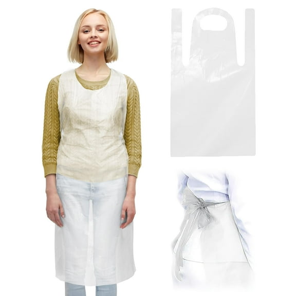 White Plastic Disposable Aprons, Waterproof 1 Mil, 100 Count, 28 x 55 in