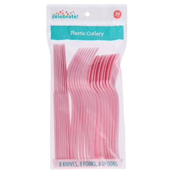 Plastic Disposable Cutlery Set, Lovely Pink, 24 Pieces, by Way To Celebrate