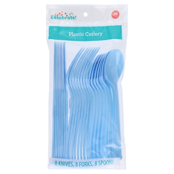 Plastic Disposable Cutlery Set, Powder Blue, 24 Pieces, by Way To Celebrate