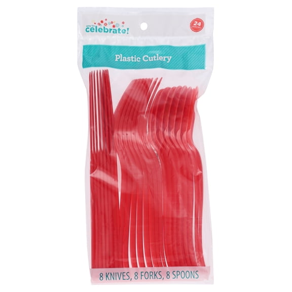 Plastic Disposable Cutlery Set, Red, 24 Pieces, by Way To Celebrate