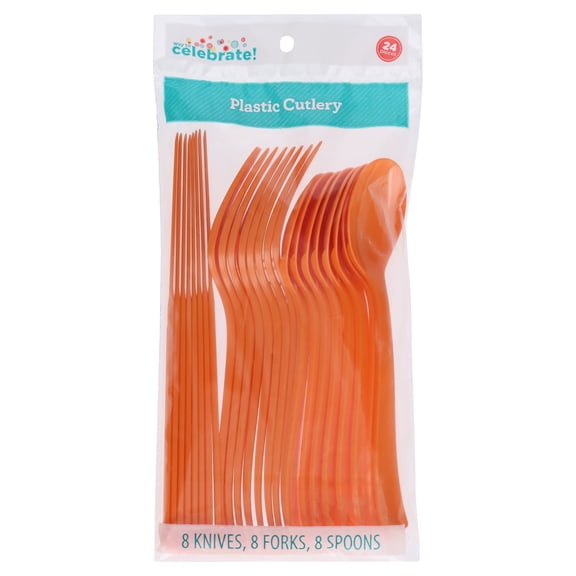 Plastic Disposable Cutlery Set, Tangerine, 24 Pieces, by Way To Celebrate