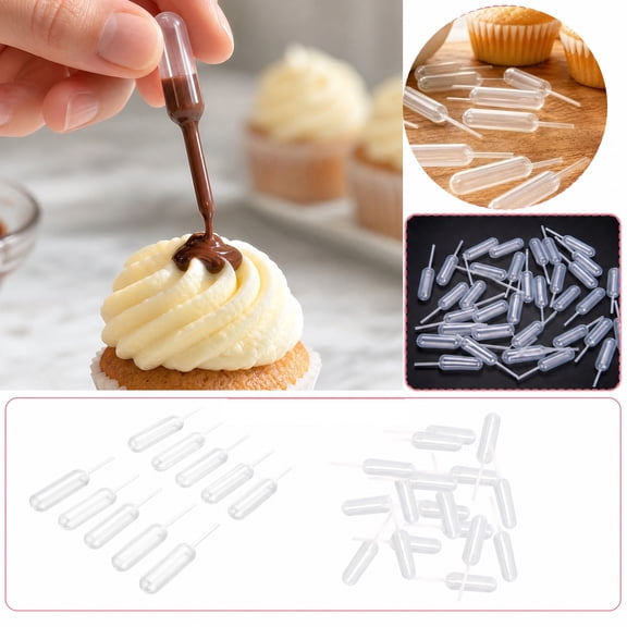 Plastic Disposable Pipette Dropper 0.1 oz Liquid Injector 50 Pieces Set for Cupcake Ice Cream Pastry Filling Decorating Baking Homemade Treat Making