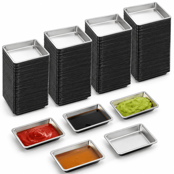 Plastic Disposable Sauce Dishes, Mini Dipping Soy Sauce Dish for Sushi, Rectangle Seasoning Plates, Condiment Appetizer Tray for BBQ Mustard Vinegar Ketchup Salad, Silver