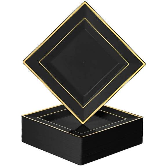 Plastic Disposable Square Dessert Plates | AFN150-Pack 7.5 inches Black with Gold Rim Square Plates | Ideal for Weddings, Parties, Catering | Heavy Duty & Non Toxic