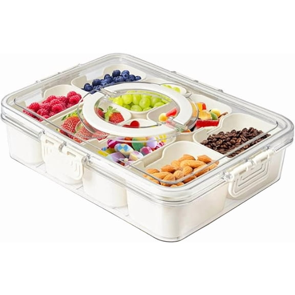 Plastic Divided Serving Tray with Lid and Handle Snack Box Charcuterie Container Portable Snack Platters Organizer for Candy, Fruits, Snacks, Nuts, for Party, Entertaining (White 8 compartments)